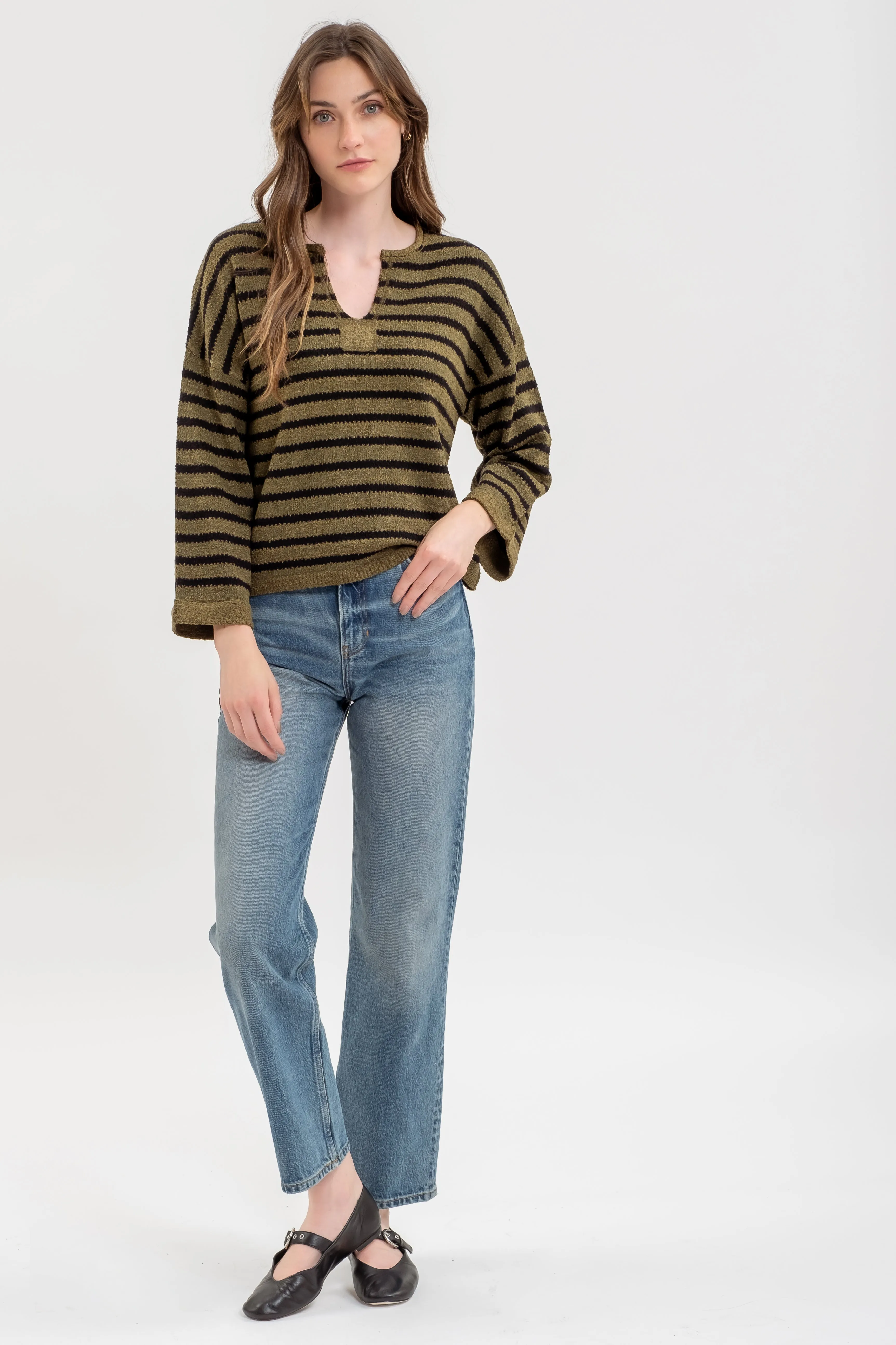 STRIPE SPLIT NECK LONG SLEEVE KNIT SWEATER