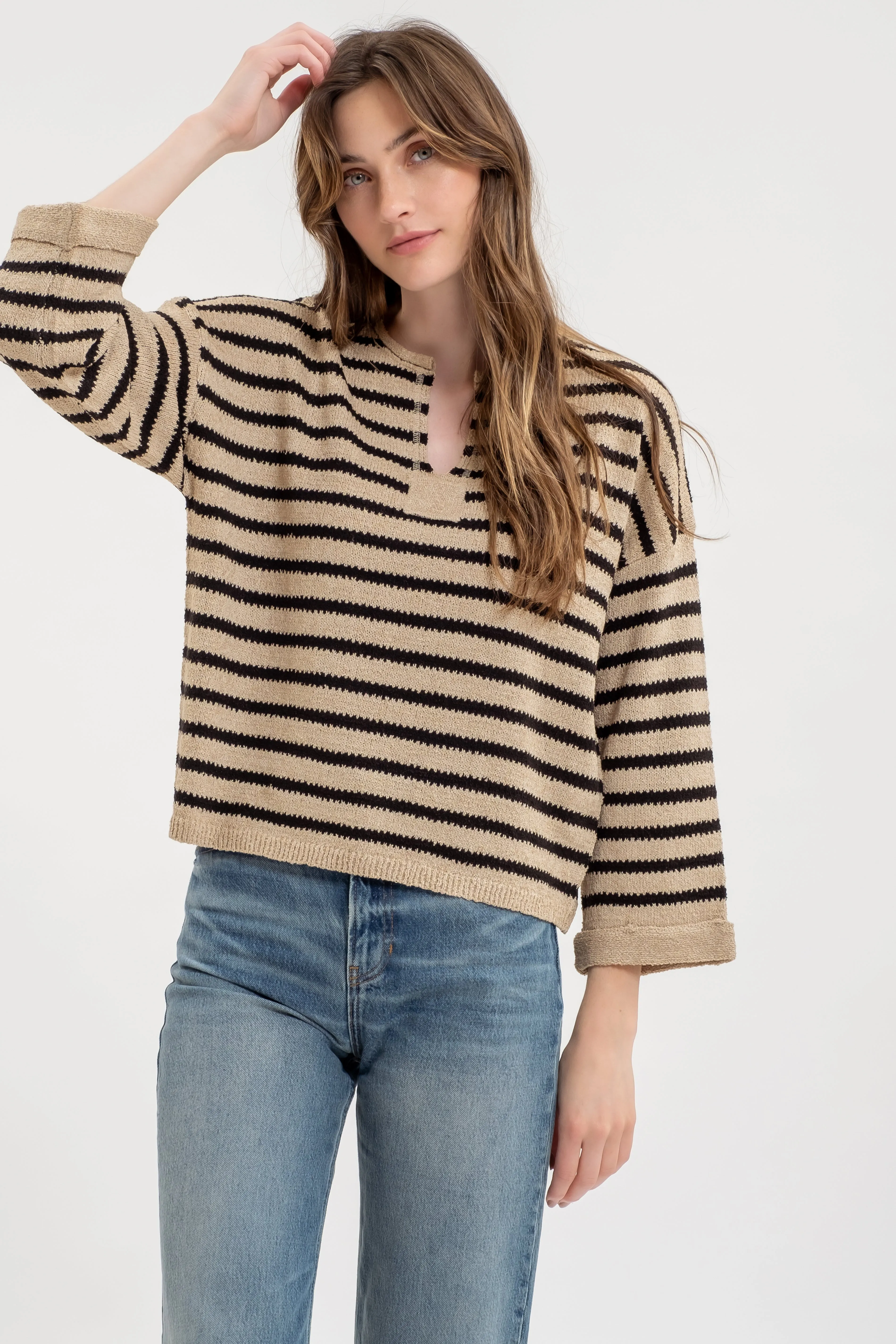 STRIPE SPLIT NECK LONG SLEEVE KNIT SWEATER