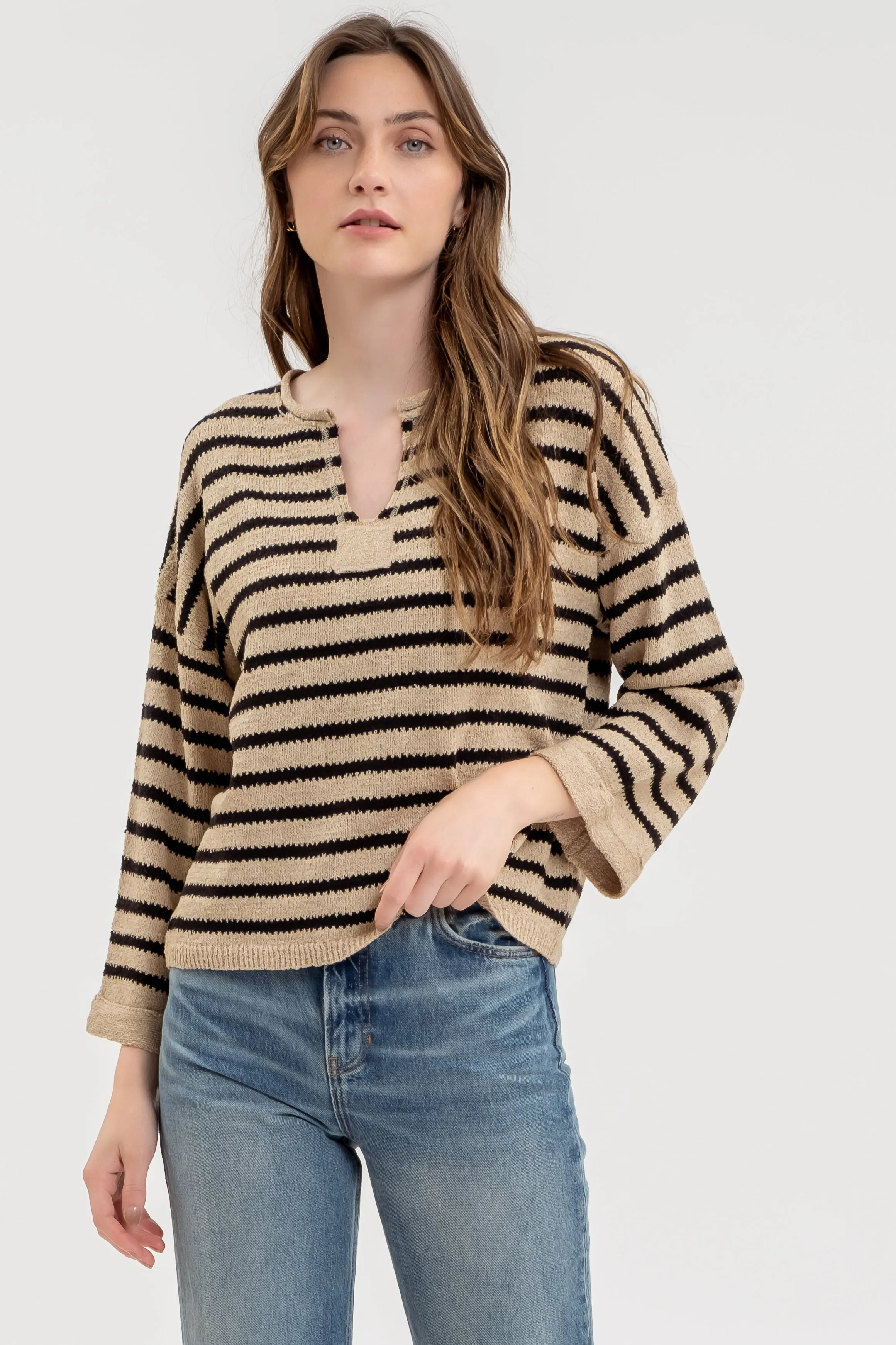 STRIPE SPLIT NECK LONG SLEEVE KNIT SWEATER