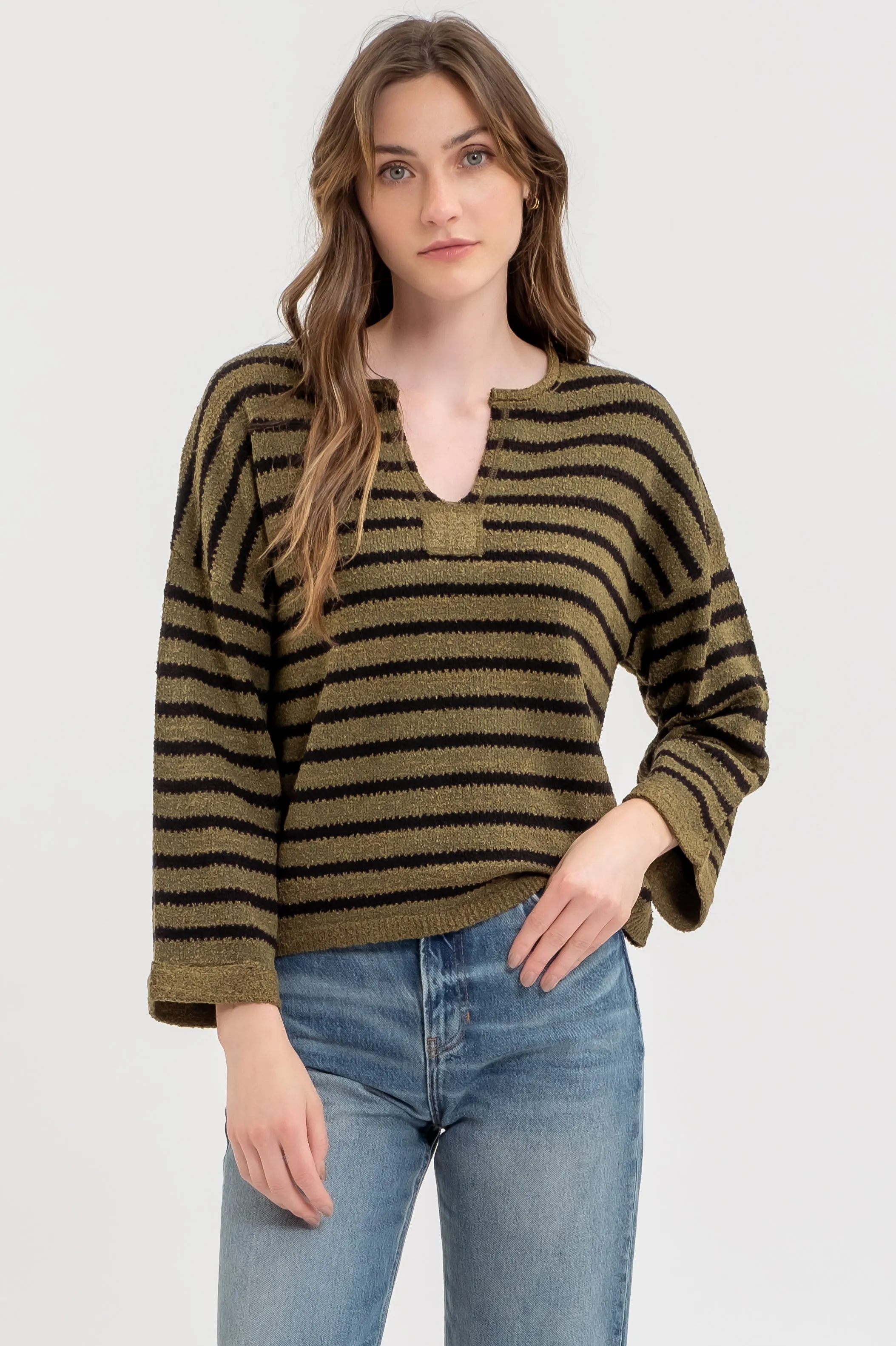 STRIPE SPLIT NECK LONG SLEEVE KNIT SWEATER