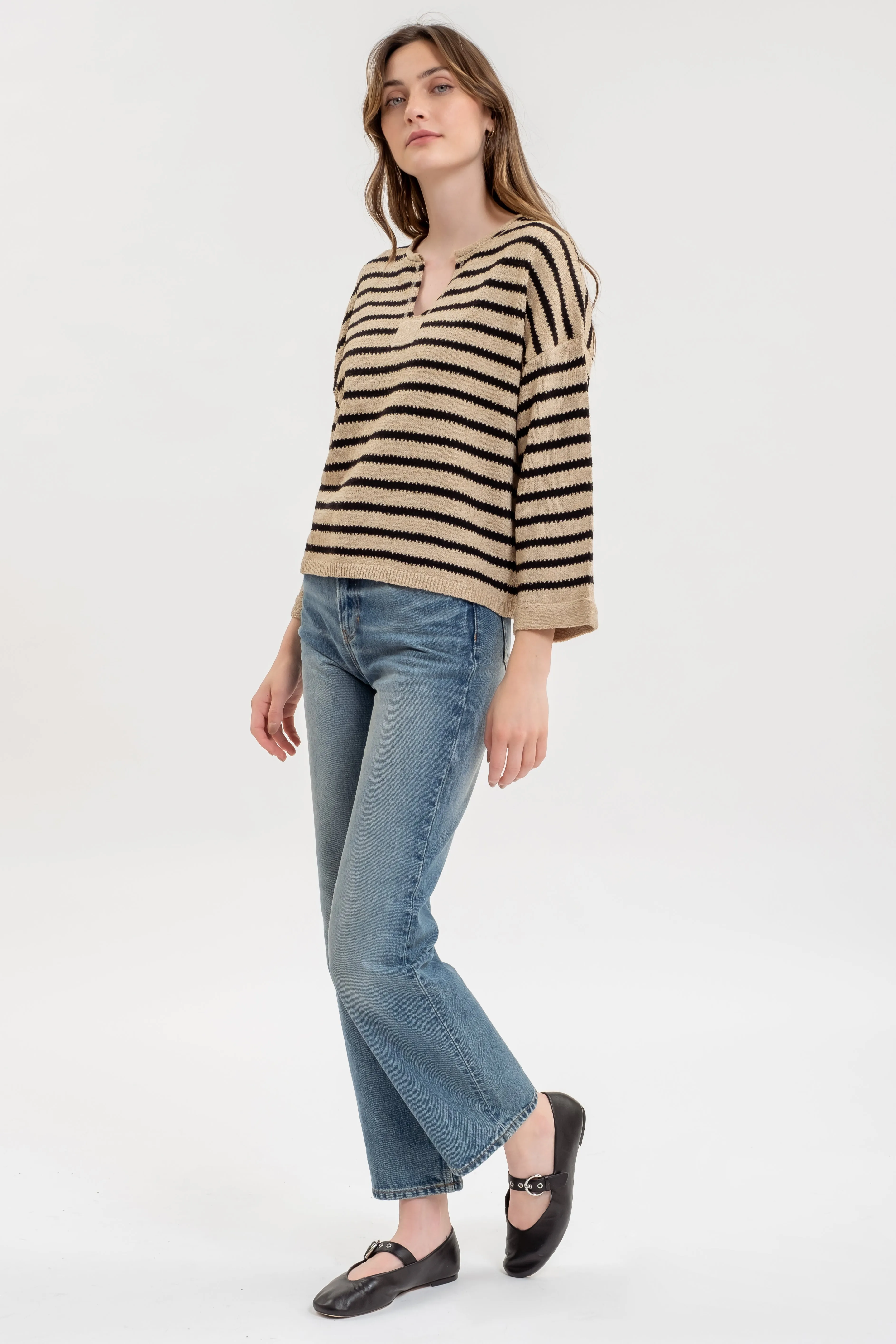 STRIPE SPLIT NECK LONG SLEEVE KNIT SWEATER