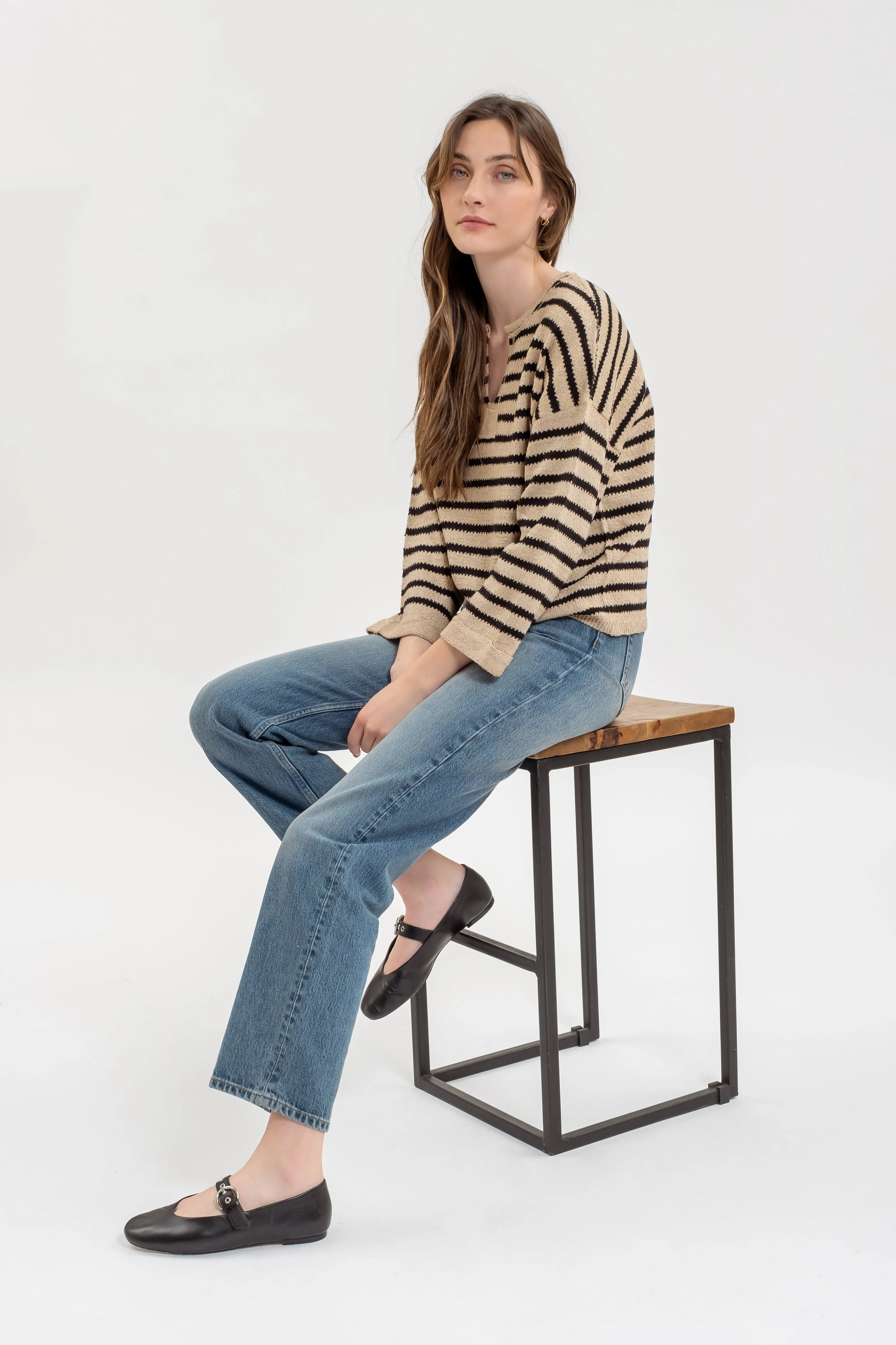 STRIPE SPLIT NECK LONG SLEEVE KNIT SWEATER