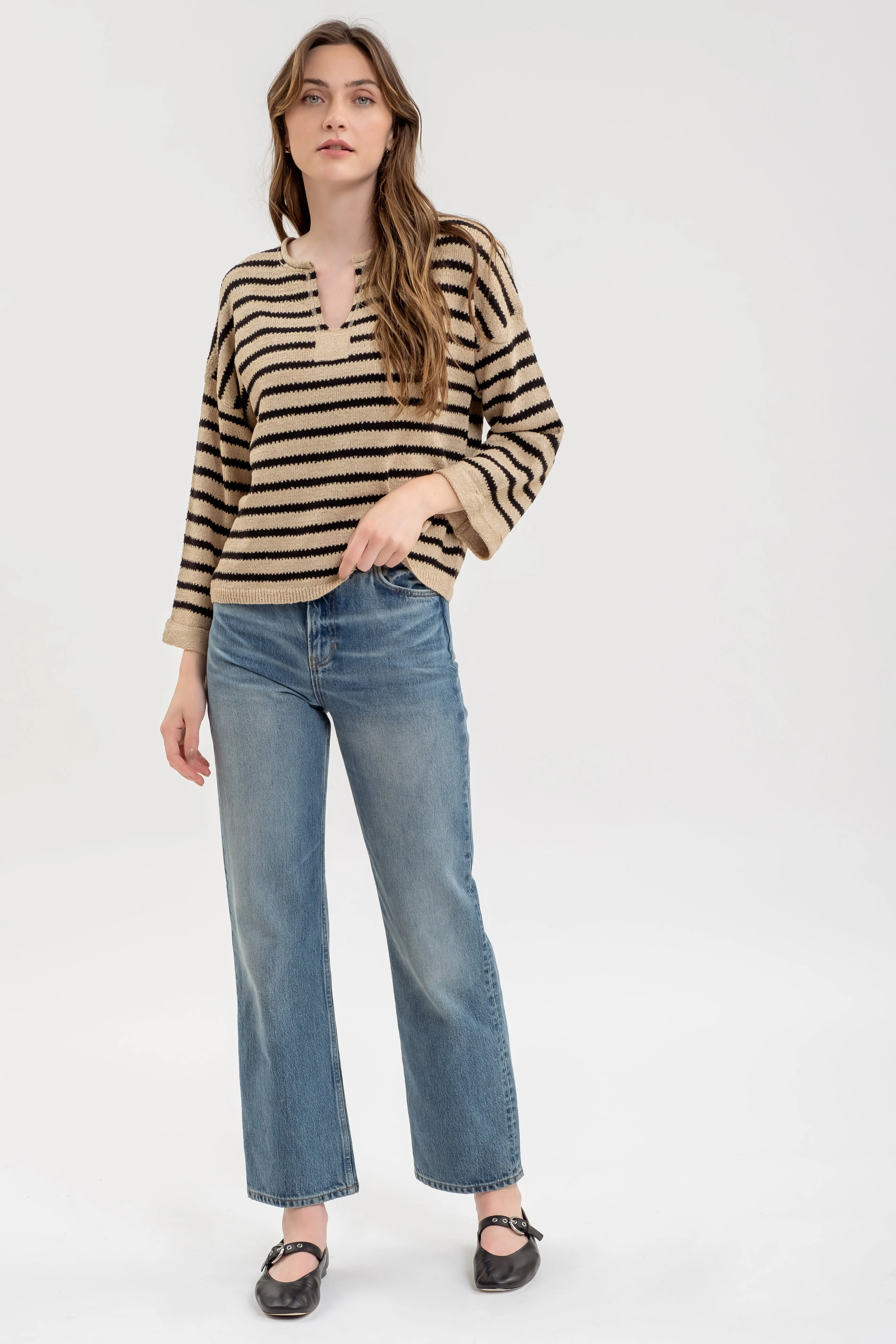 STRIPE SPLIT NECK LONG SLEEVE KNIT SWEATER