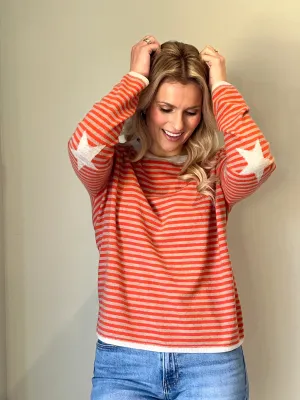 Striped boxy crew neck with star intarsia elbows