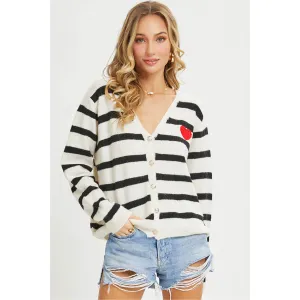 Striped Cardigan Sweater with Heart Patch