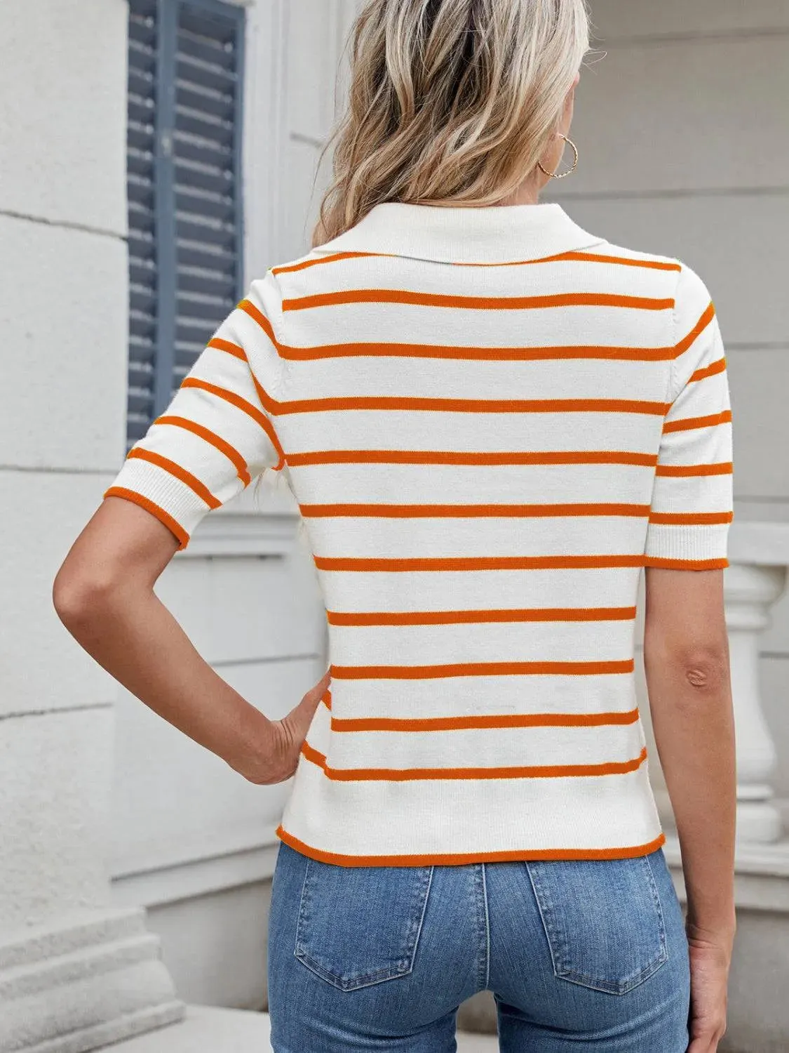 Striped Johnny Collar Short Sleeve Sweater