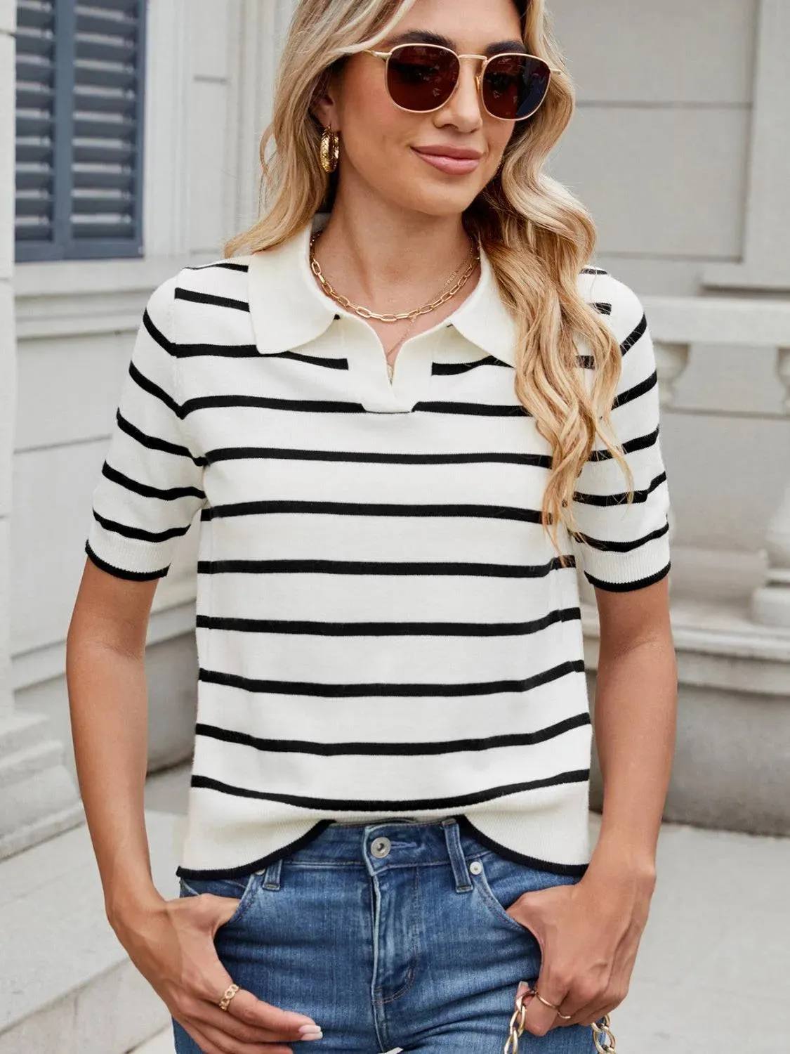 Striped Johnny Collar Short Sleeve Sweater