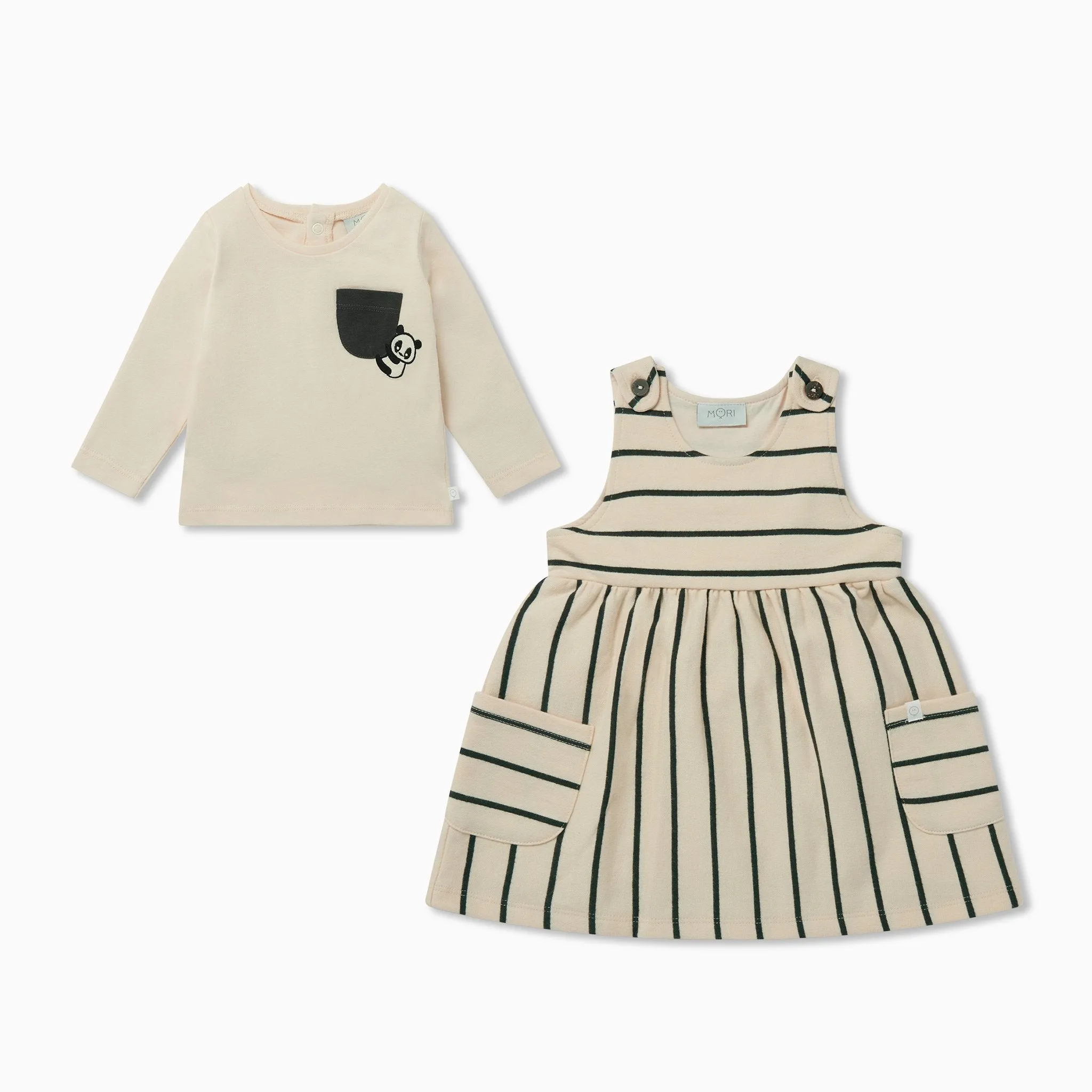 Striped Pinafore Dress & Panda Long Sleeve T-Shirt Outfit