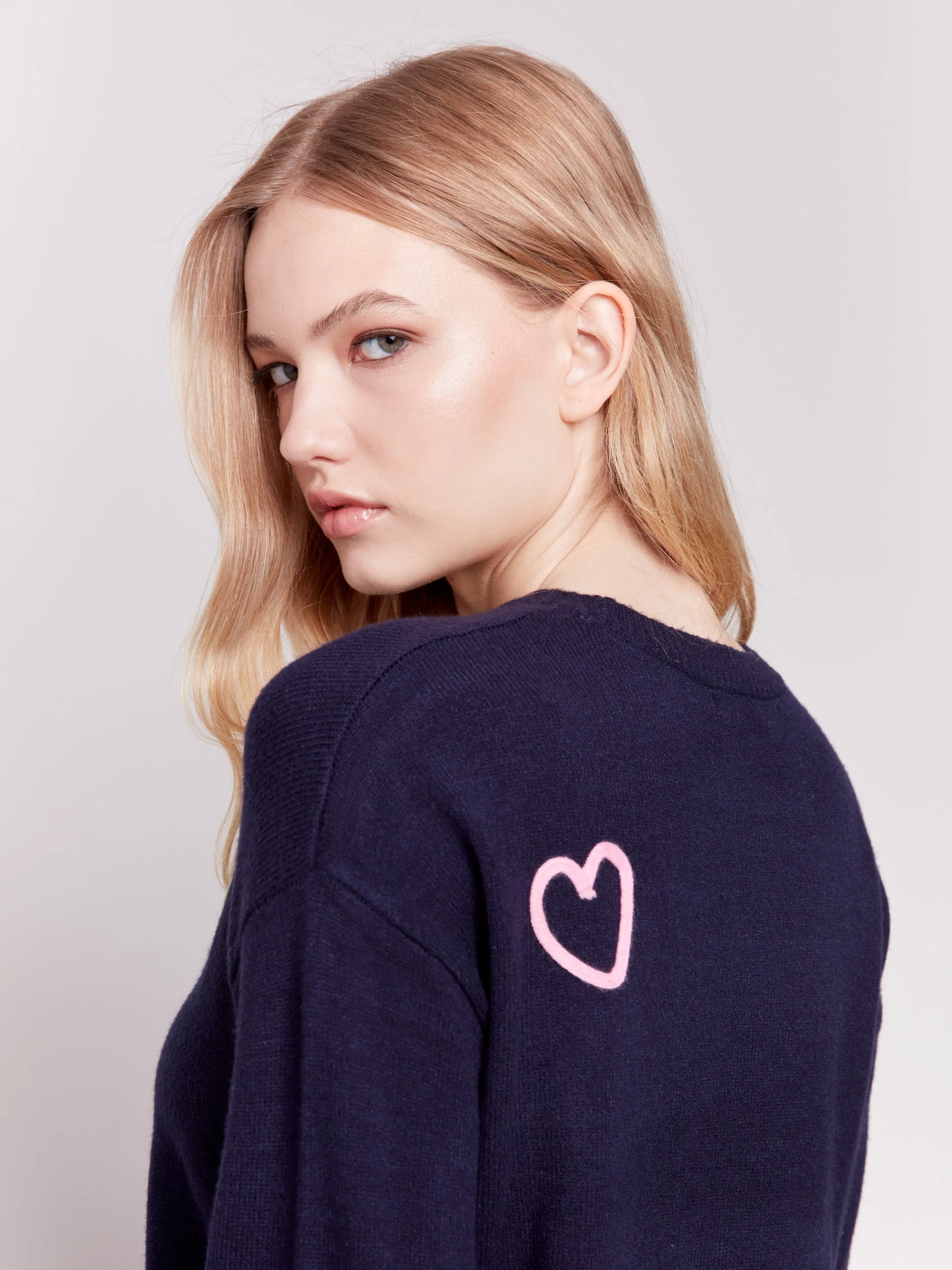 Sweater with Embroidered Hearts - Navy