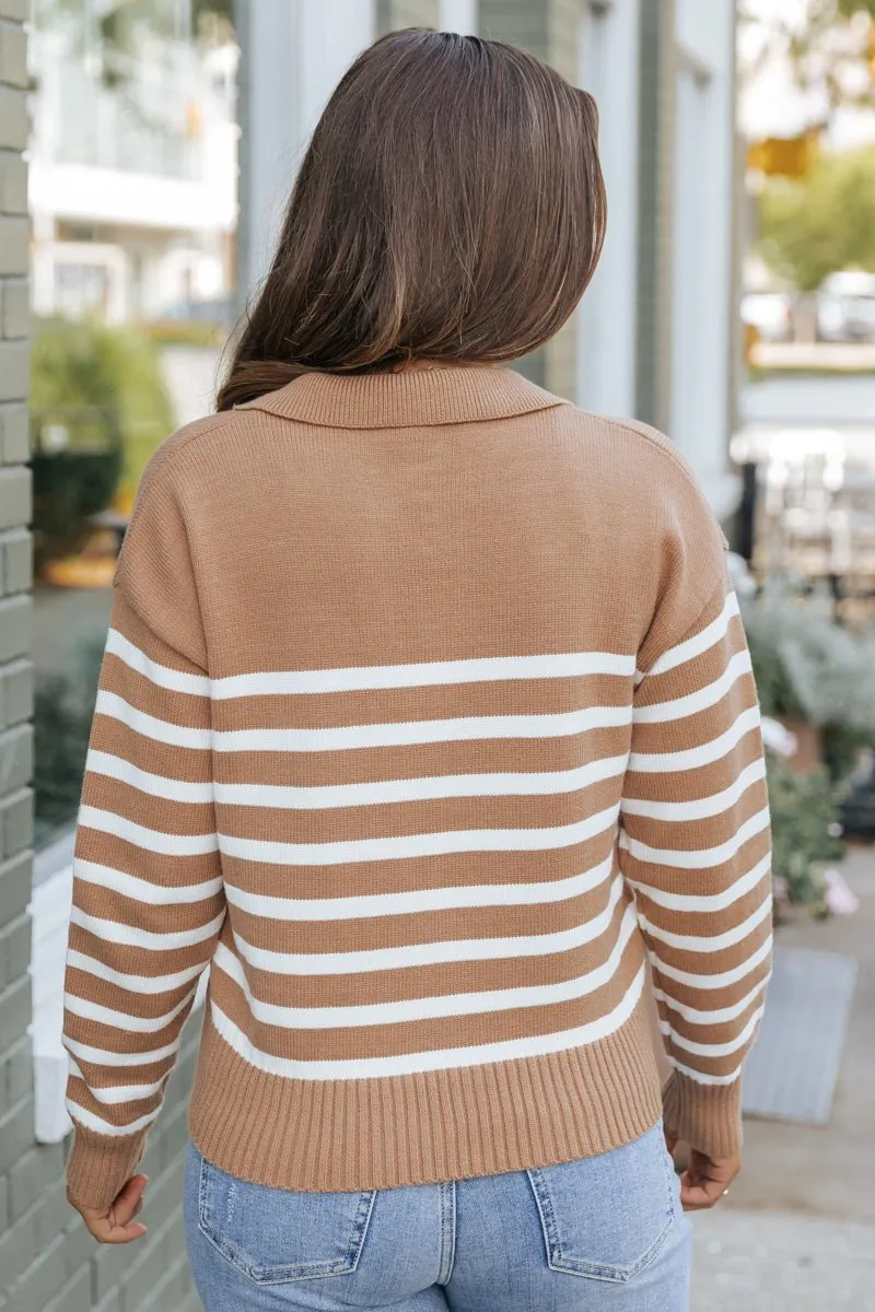 Tan and Cream Striped Pullover Sweater - DOORBUSTER