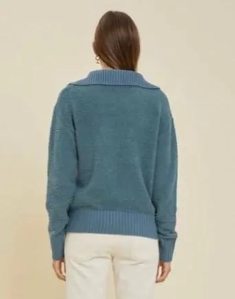 Teal Pullover Sweater w/Fold Over Collar & Buttons