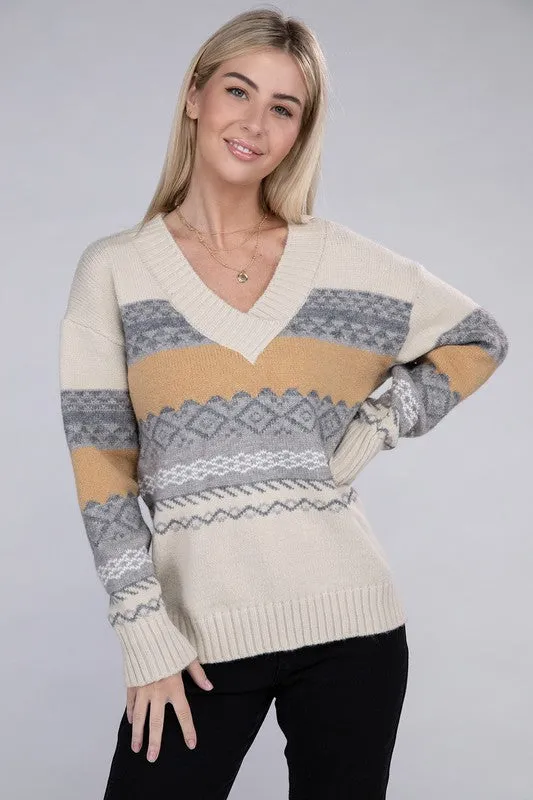 TEEK - Beige Multicolor Stripe V Neck Sweater