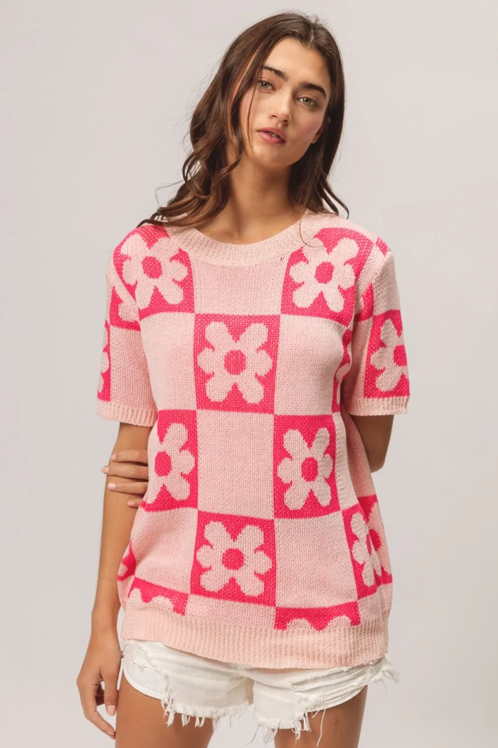 TEEK - Blush Fuchsia Flower Checker Pattern Short Sleeve Sweater