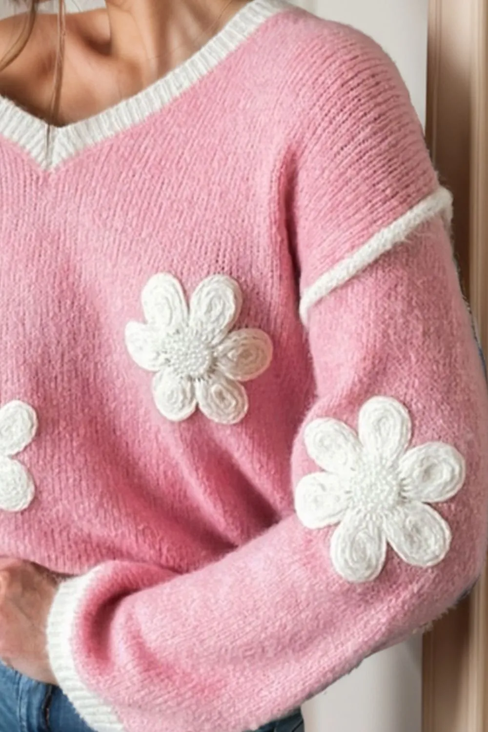 TEEK - Blush Pink Flower V-Neck Dropped Shoulder Sweater