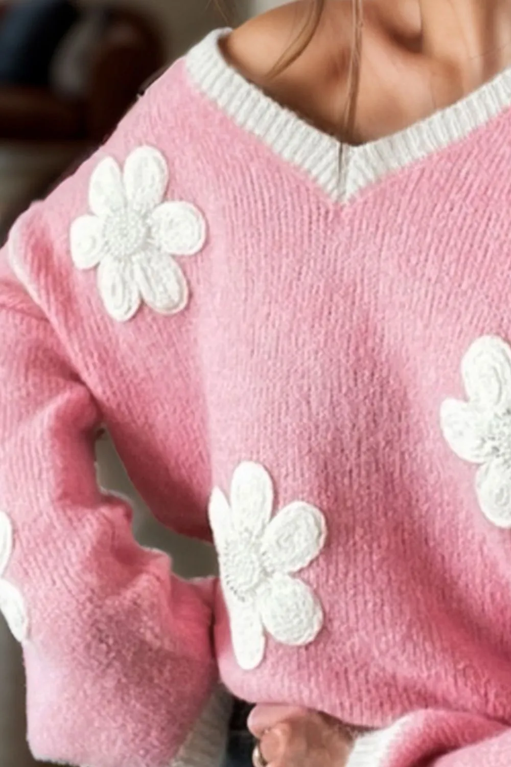 TEEK - Blush Pink Flower V-Neck Dropped Shoulder Sweater