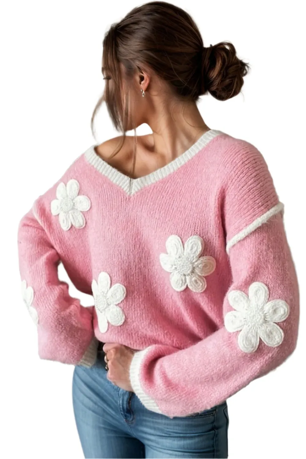 TEEK - Blush Pink Flower V-Neck Dropped Shoulder Sweater