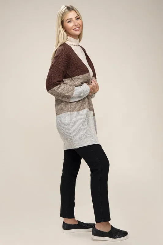 TEEK - Brown Color Block Open Front Cardigan