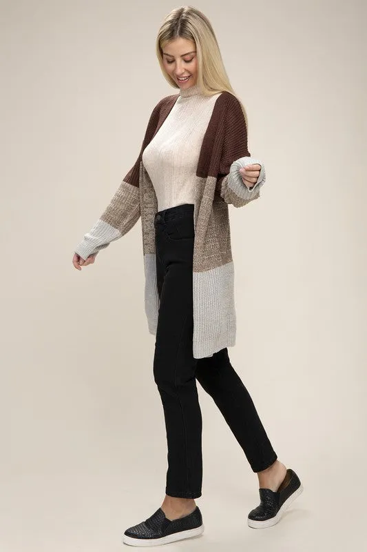 TEEK - Brown Color Block Open Front Cardigan