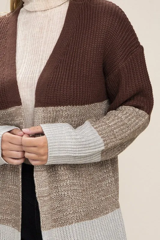 TEEK - Brown Color Block Open Front Cardigan