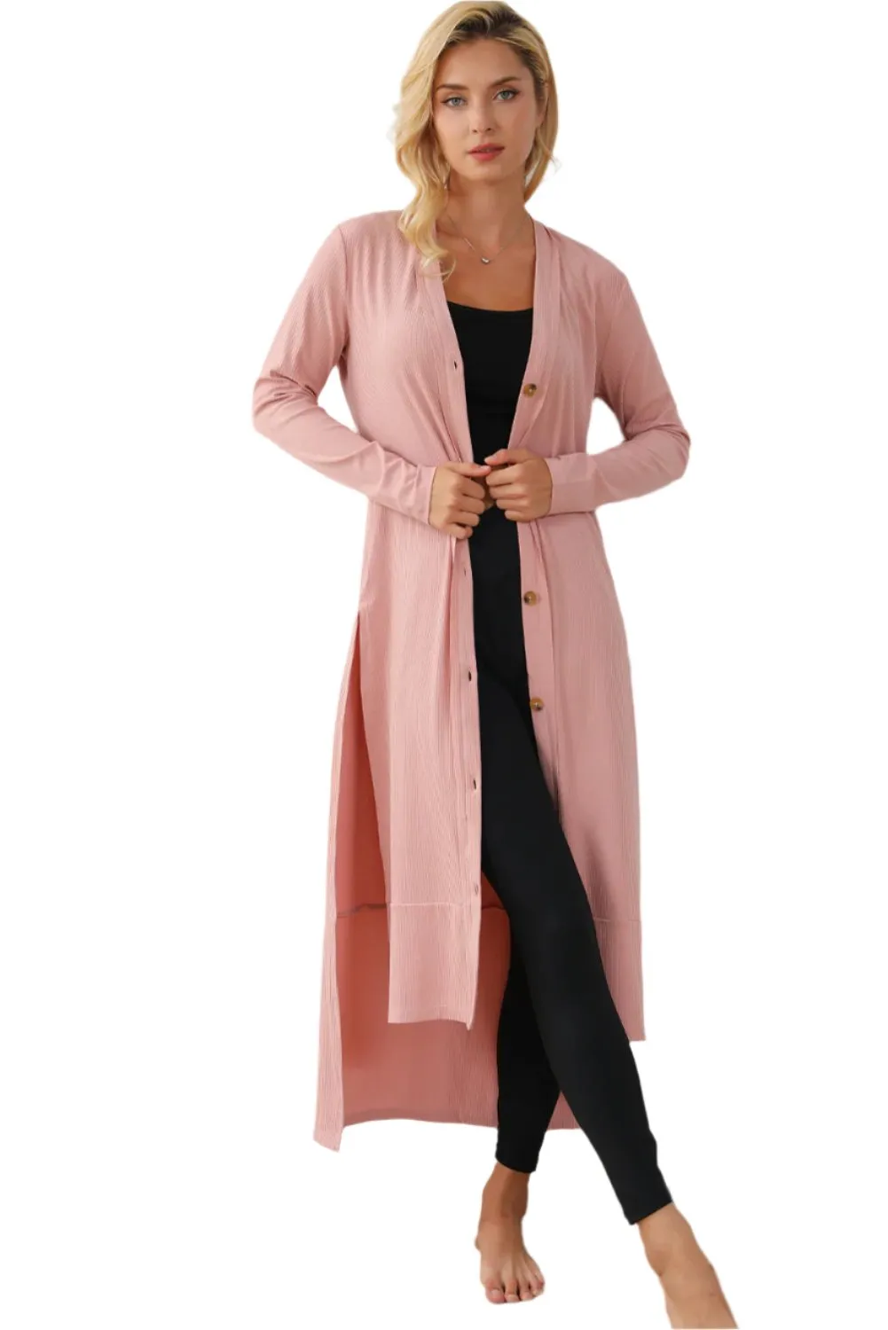 TEEK - Button Up High-Low Long Sleeve Slit Cardigan