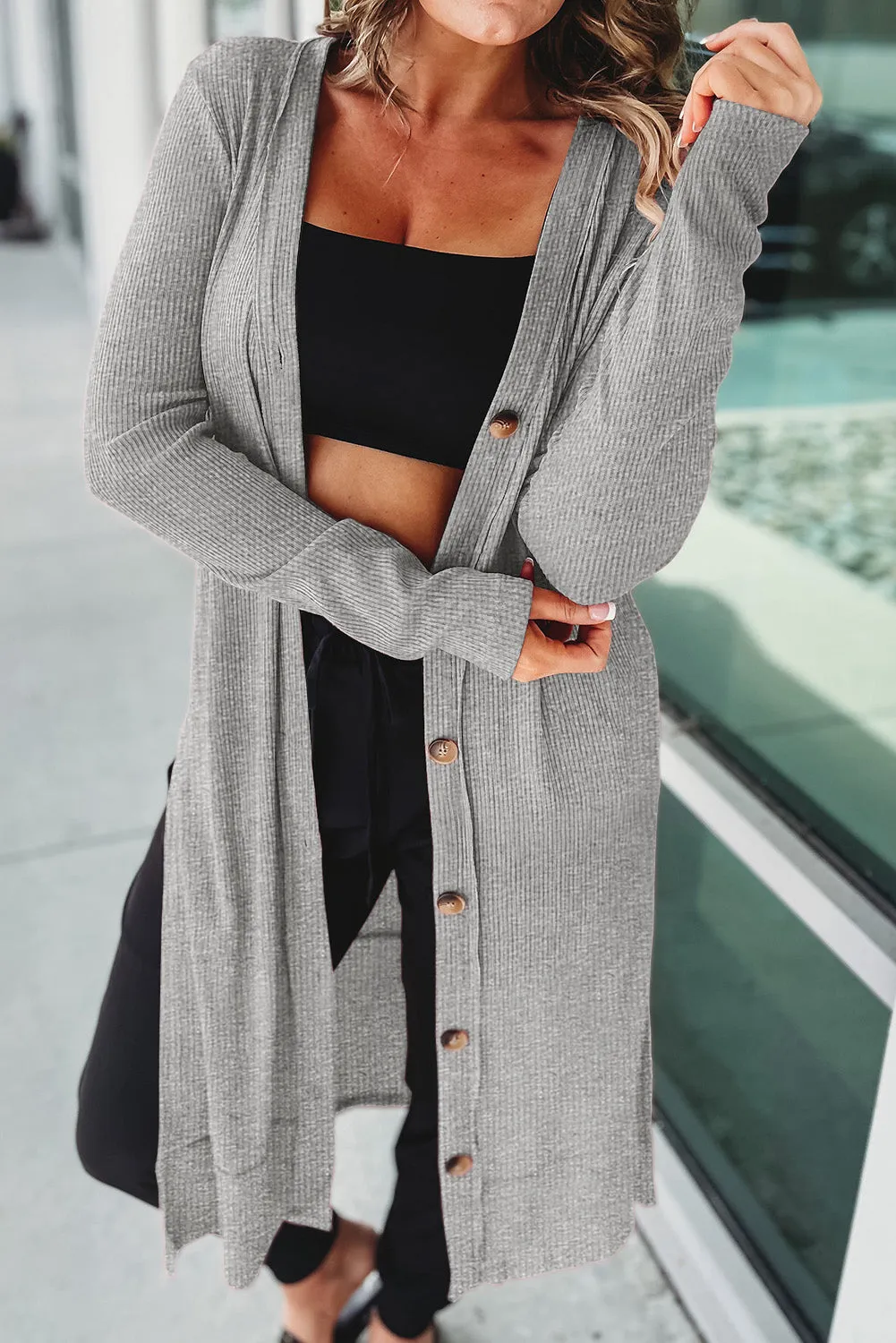 TEEK - Button Up High-Low Long Sleeve Slit Cardigan