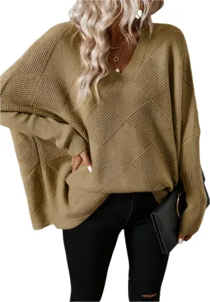 TEEK - Camel V-Neck Batwing Sleeve Sweater