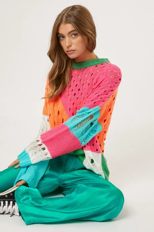 TEEK - Color Block Distressed Detail Pullover Sweater