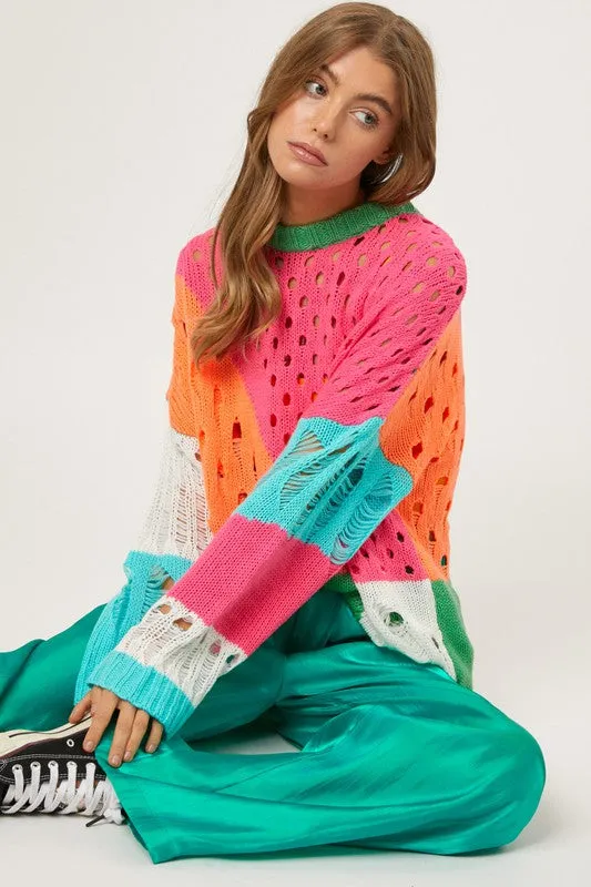 TEEK - Color Block Distressed Detail Pullover Sweater