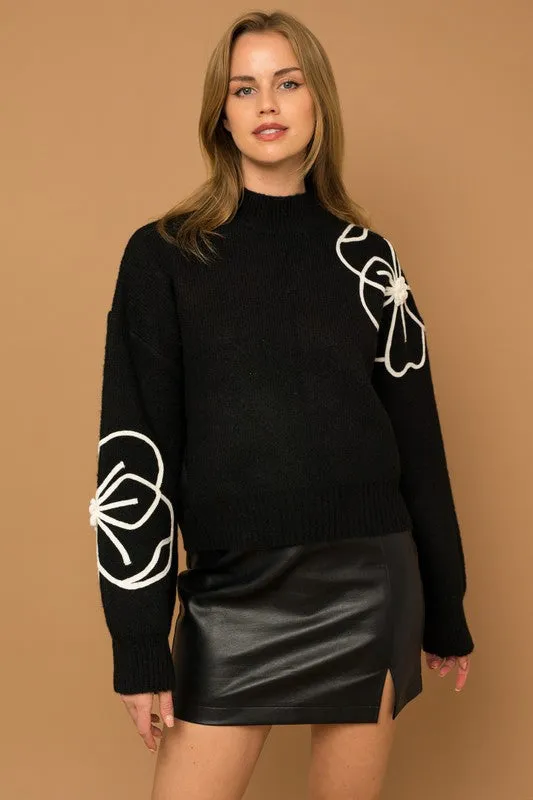 TEEK - Flower Embroidery Mock Neck Sweater