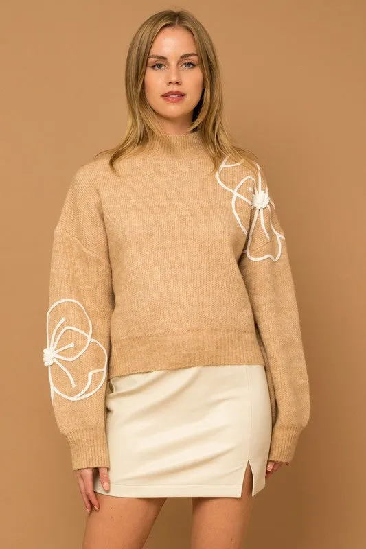 TEEK - Flower Embroidery Mock Neck Sweater