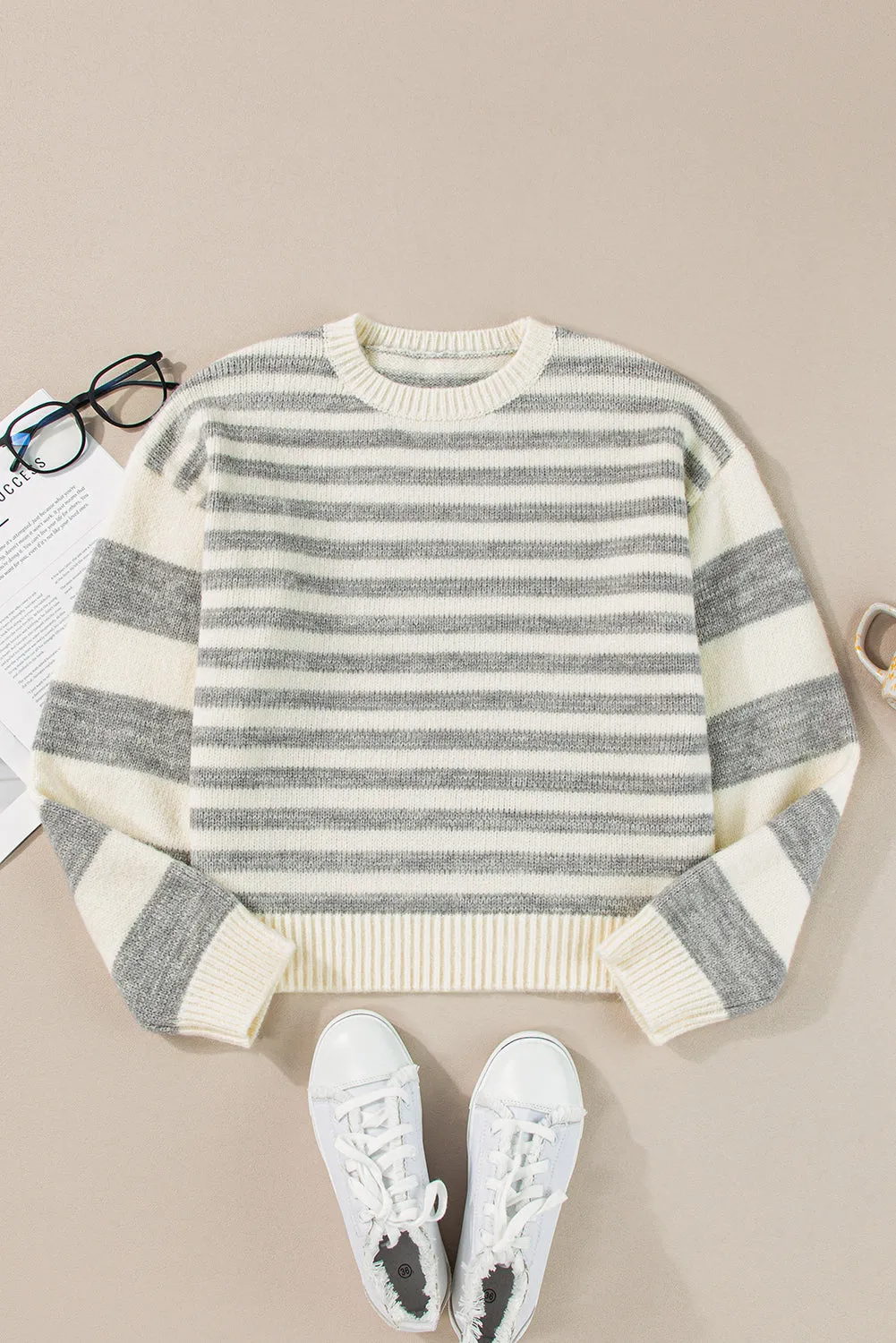 TEEK - Grey Striped Round Neck Dropped Shoulder Sweater