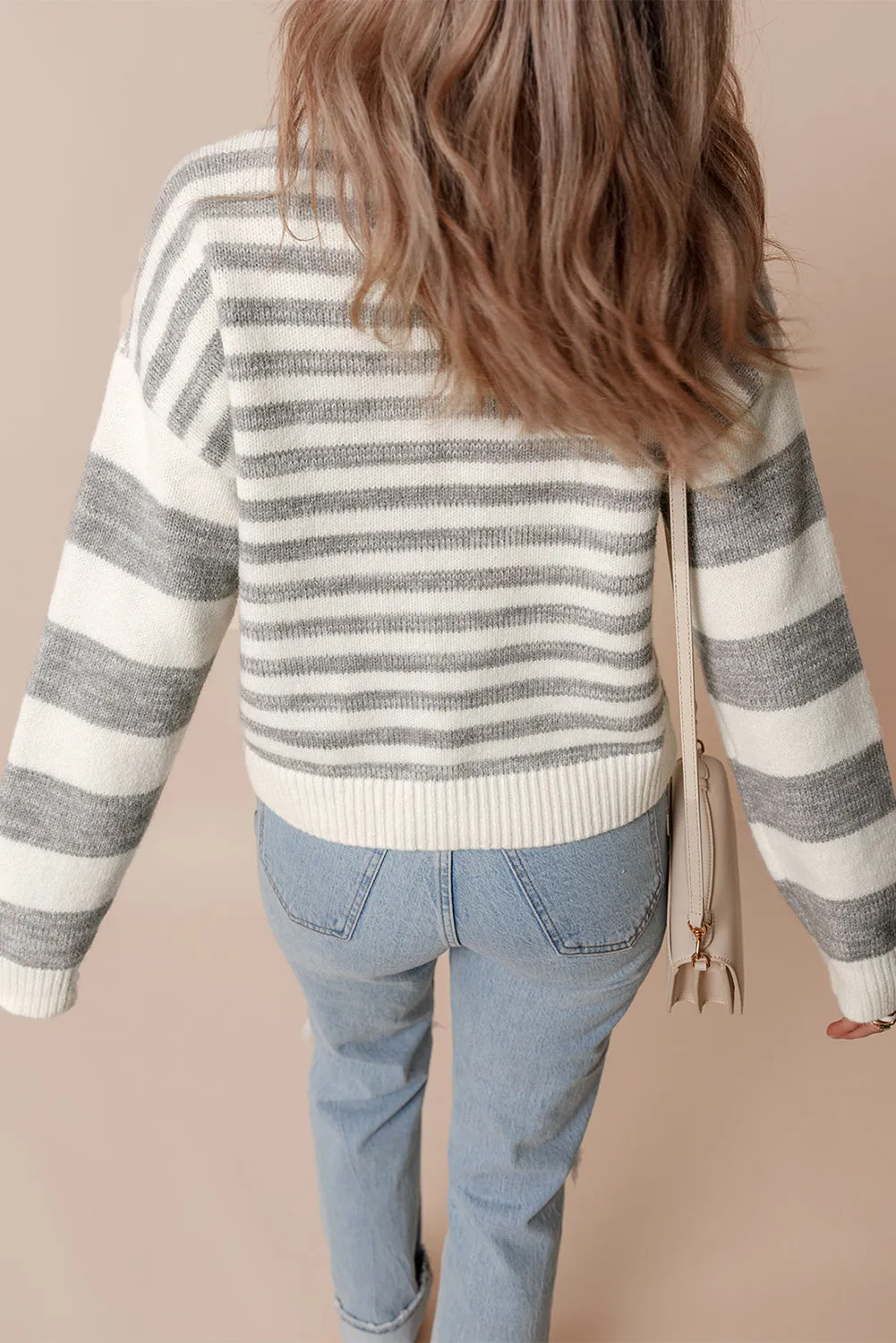 TEEK - Grey Striped Round Neck Dropped Shoulder Sweater