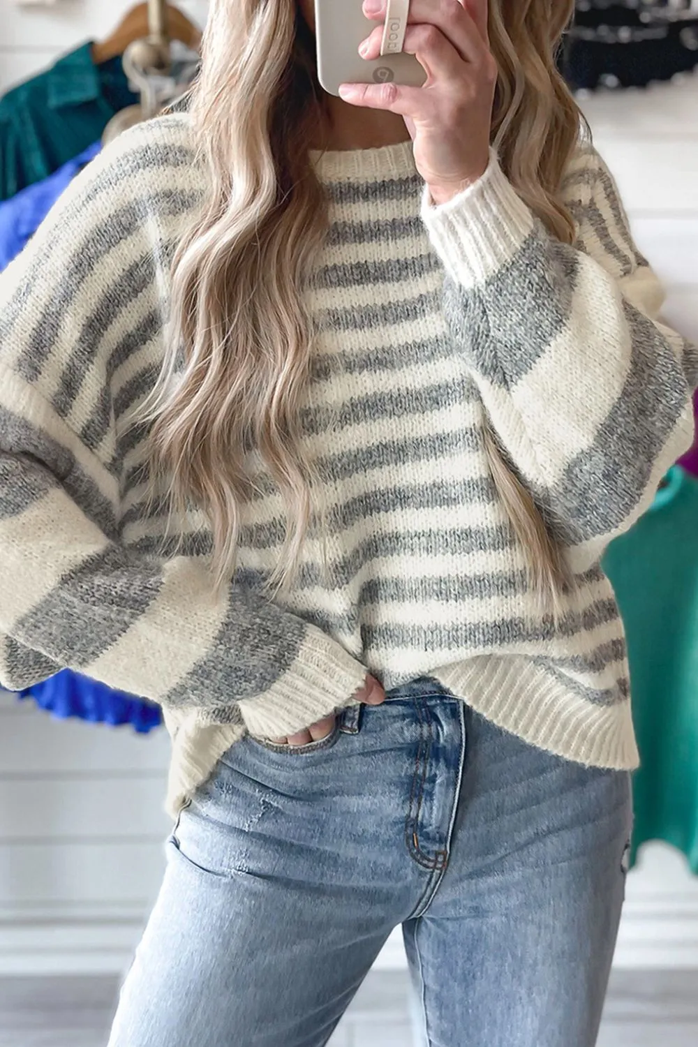 TEEK - Grey Striped Round Neck Dropped Shoulder Sweater