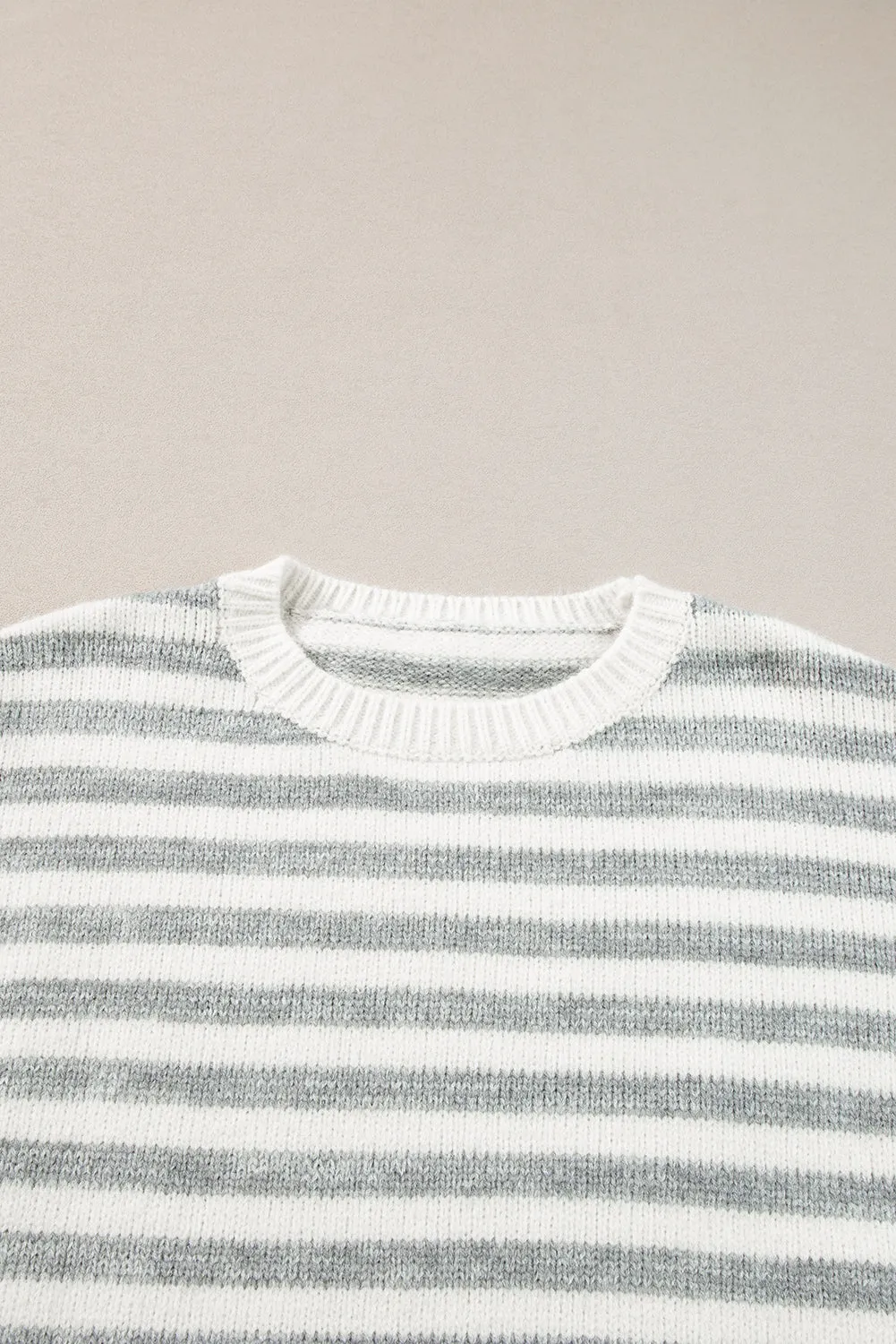 TEEK - Grey Striped Round Neck Dropped Shoulder Sweater