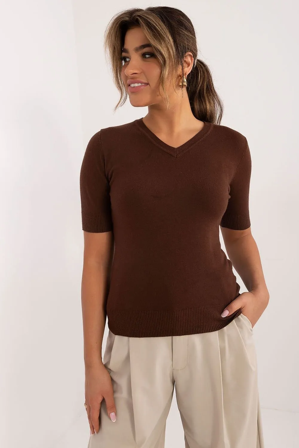 TEEK - High V-Neck Short Sleeve Sweater