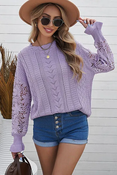 TEEK - Lace Lantern Sleeve Dropped Shoulder Sweater