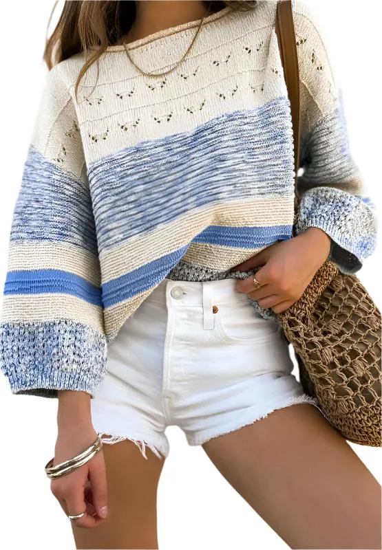 TEEK - Light Blue Contrast Round Neck Long Sleeve Sweater