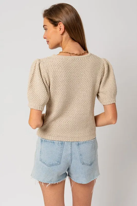 TEEK - Oatmeal Puff Sleeve Round Neck Textured Sweater Top