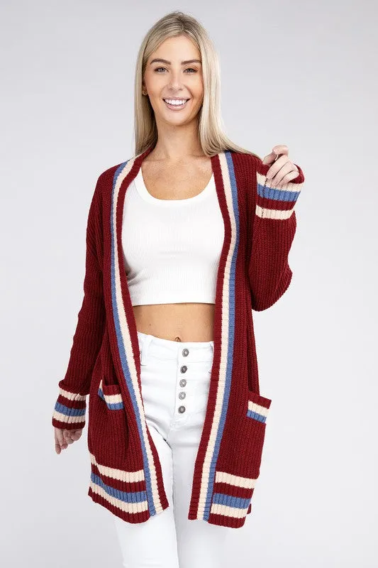 TEEK - Open Contrast Trim Burgundy Cardigan