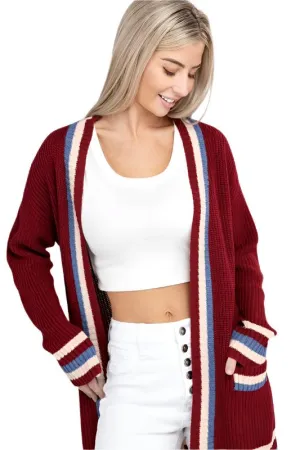 TEEK - Open Contrast Trim Burgundy Cardigan