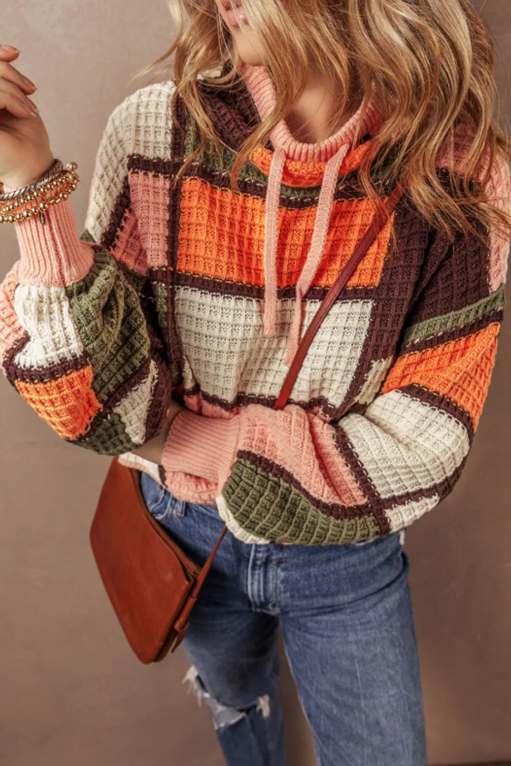 TEEK - Orange Drawstring Color Block Mock Neck Sweater