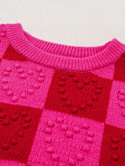 TEEK - Plaid Heart Round Neck Sweater