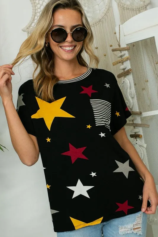 TEEK - PLUS SIZE STAR STRIPE JERSEY POCKET TOP