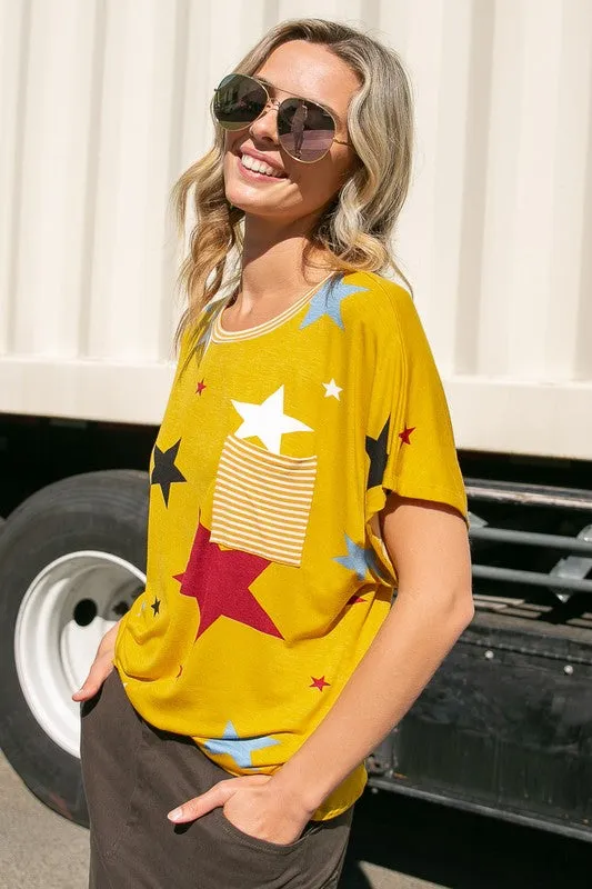 TEEK - PLUS SIZE STAR STRIPE JERSEY POCKET TOP