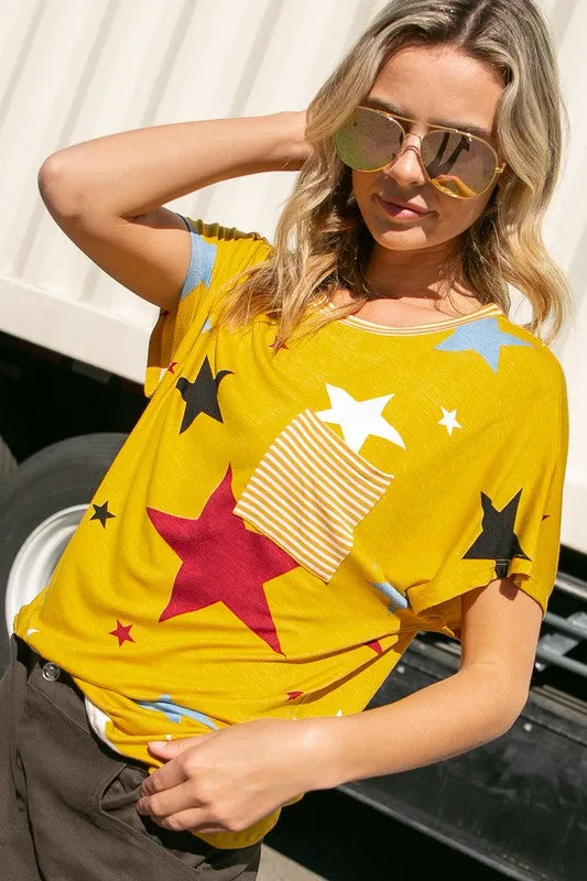 TEEK - PLUS SIZE STAR STRIPE JERSEY POCKET TOP