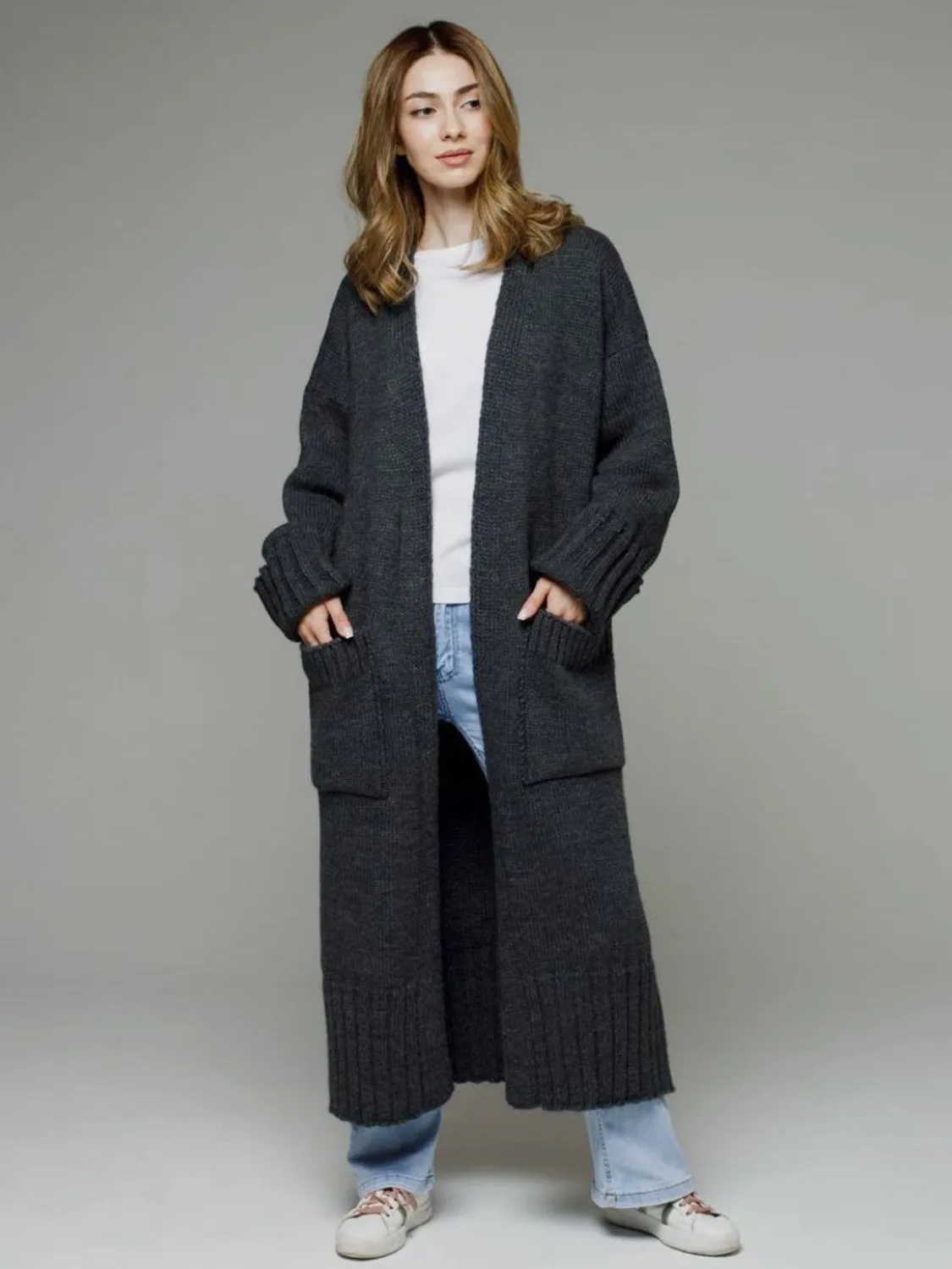 TEEK - Pocketed Open Front Dropped Shoulder Cardigan