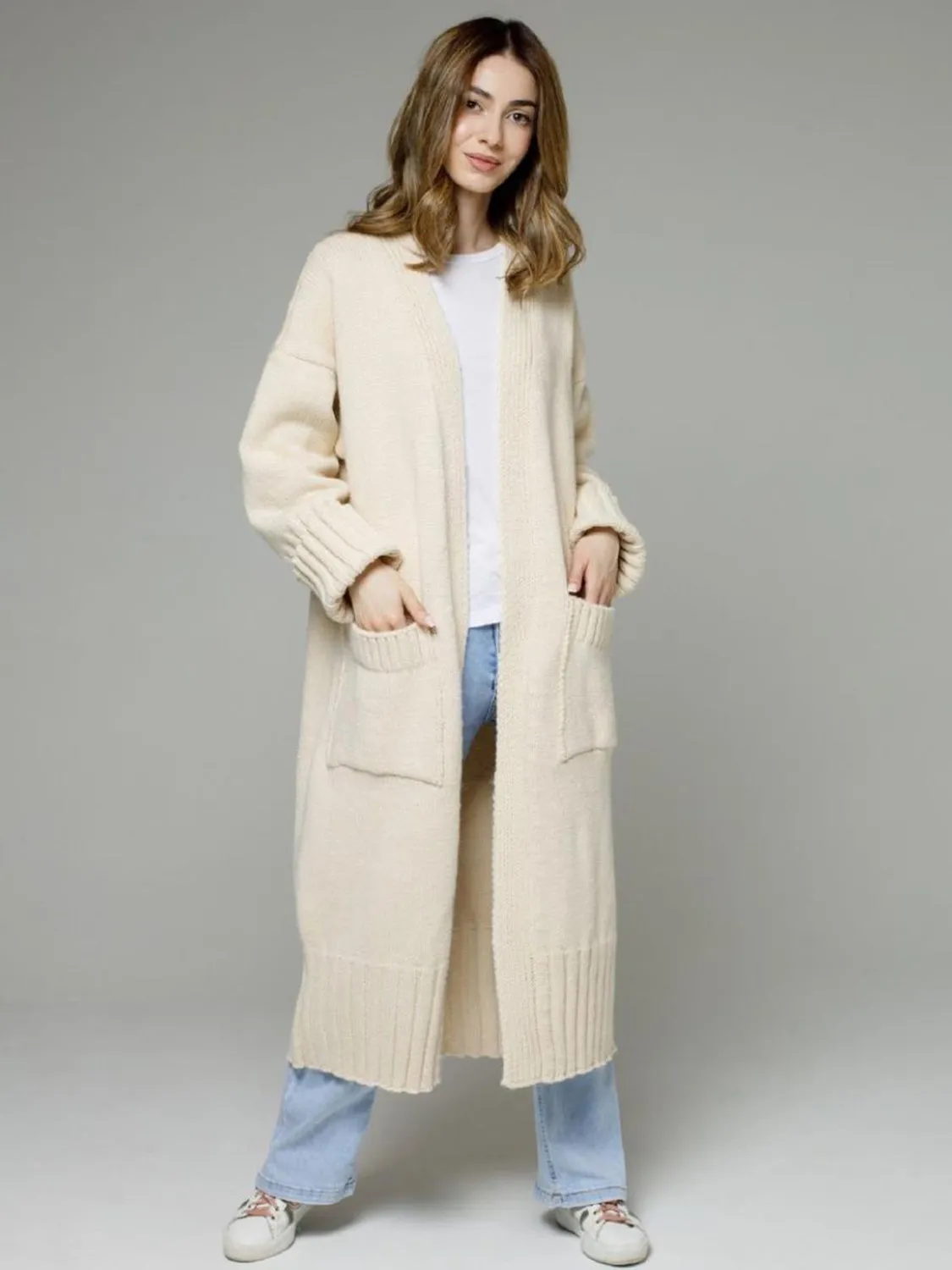 TEEK - Pocketed Open Front Dropped Shoulder Cardigan