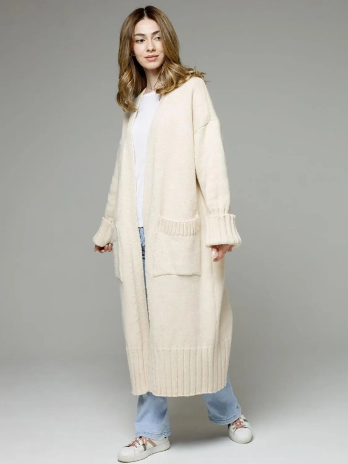 TEEK - Pocketed Open Front Dropped Shoulder Cardigan