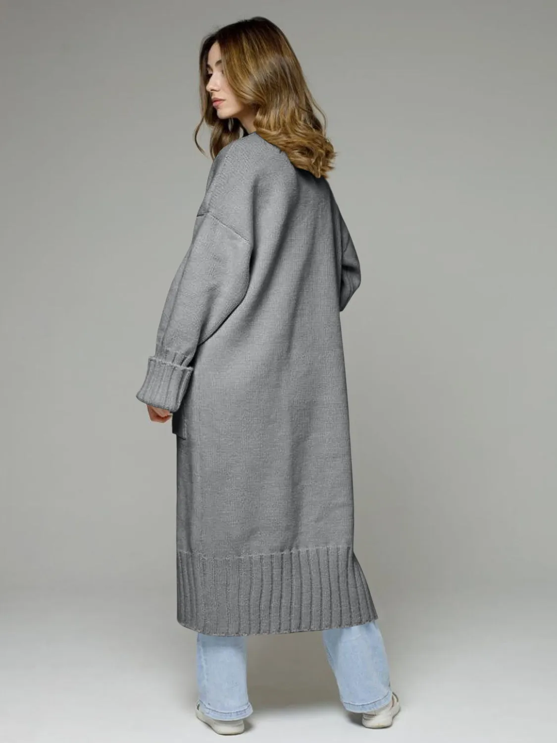 TEEK - Pocketed Open Front Dropped Shoulder Cardigan