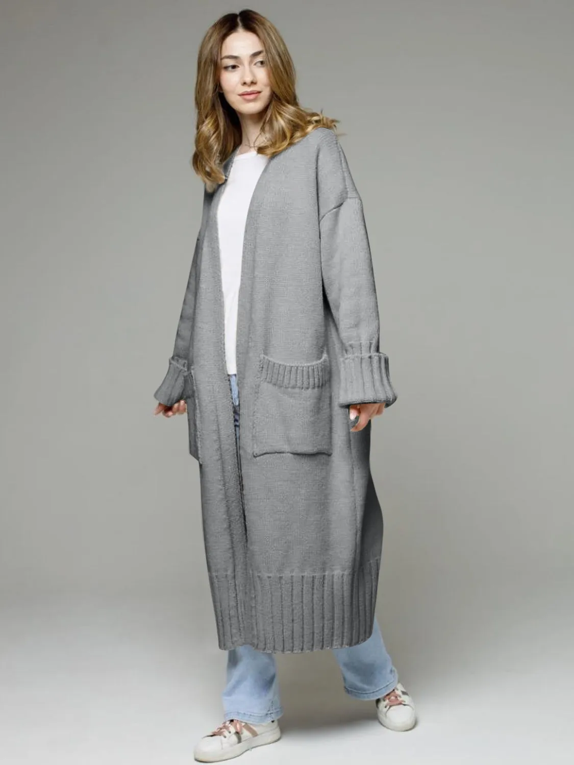 TEEK - Pocketed Open Front Dropped Shoulder Cardigan